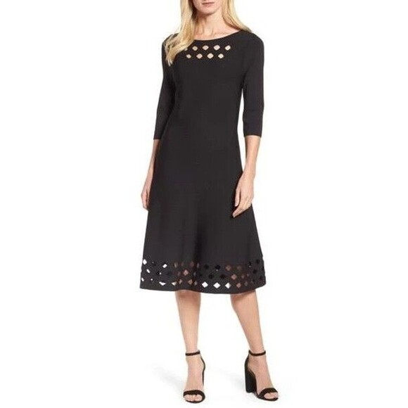 Nic+Zoe Cut Out Dress Womens L Black Onyx Time Out Twirl Midi Heavy Knit NWT - Picture 1 of 16